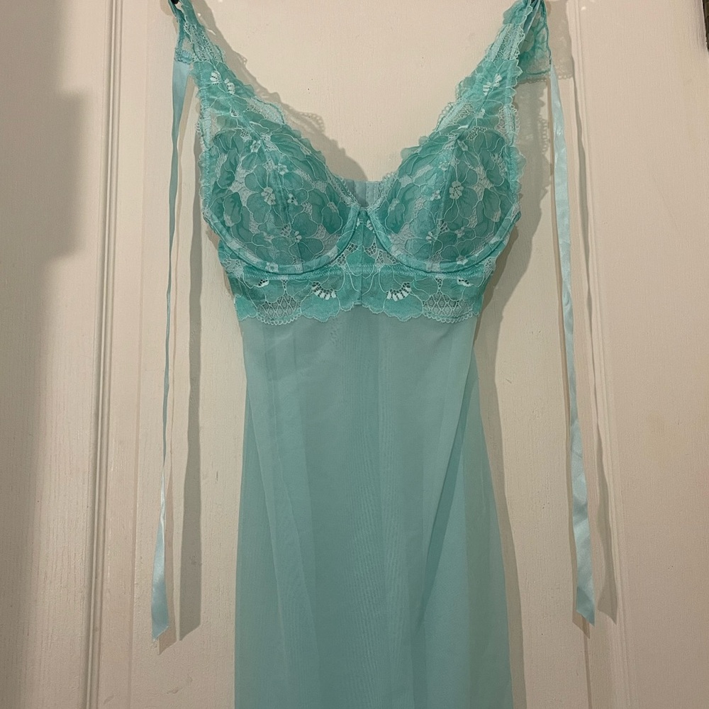 Sheer Aqua Lace Lingerie Slip with Ribbon Ties
